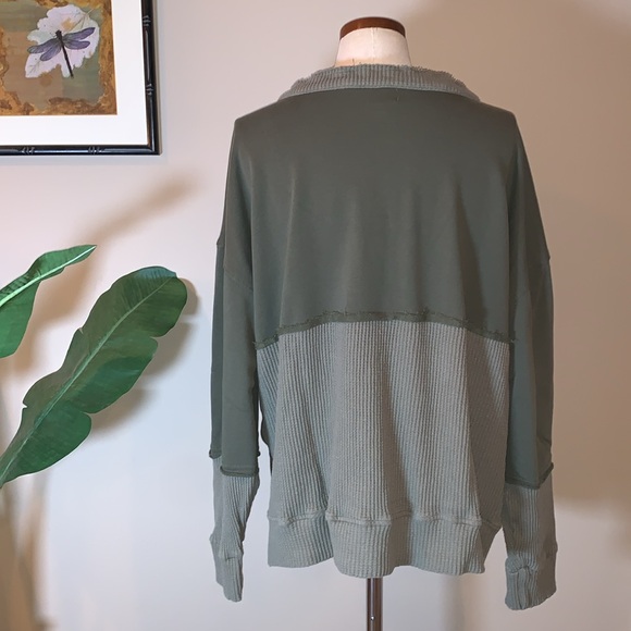 BKE Buckle Waffle Knit Lace Up Thermal Pullover, Olive Army Green, Women’s Large - Picture 3 of 16